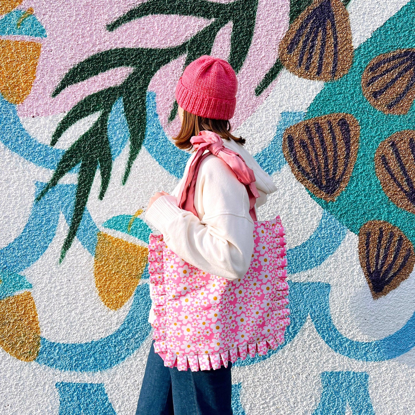 Bow Tote Bag - Pink Daisy