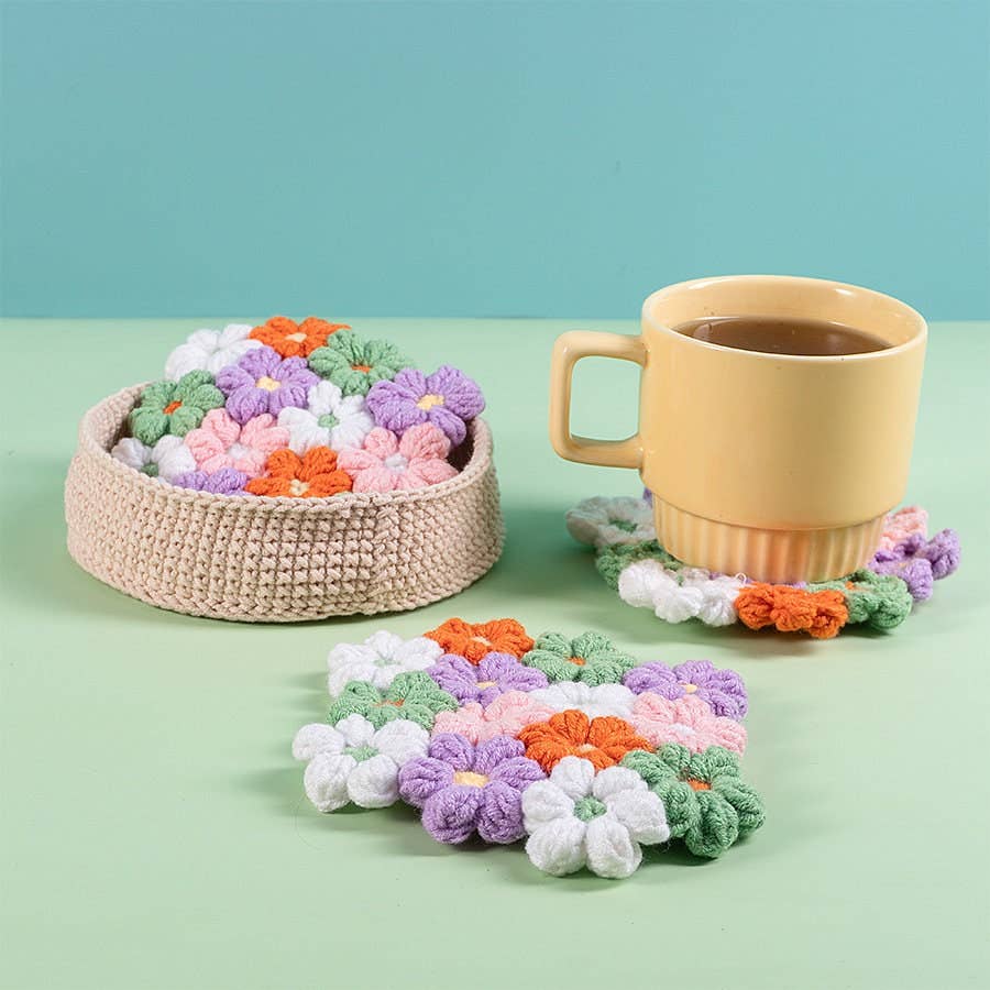 Crochet Colorful Flowers Coaster Set, Cute Drink Coaster Set