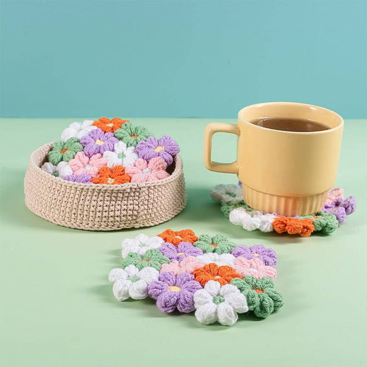 Crochet Colorful Flowers Coaster Set, Cute Drink Coaster Set